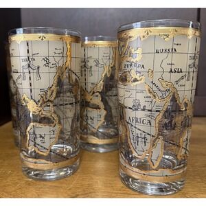 7 Cera Highball Tumbler Cocktail Glasses 22K Gold World Atlas Map Vtg MCM 12 oz